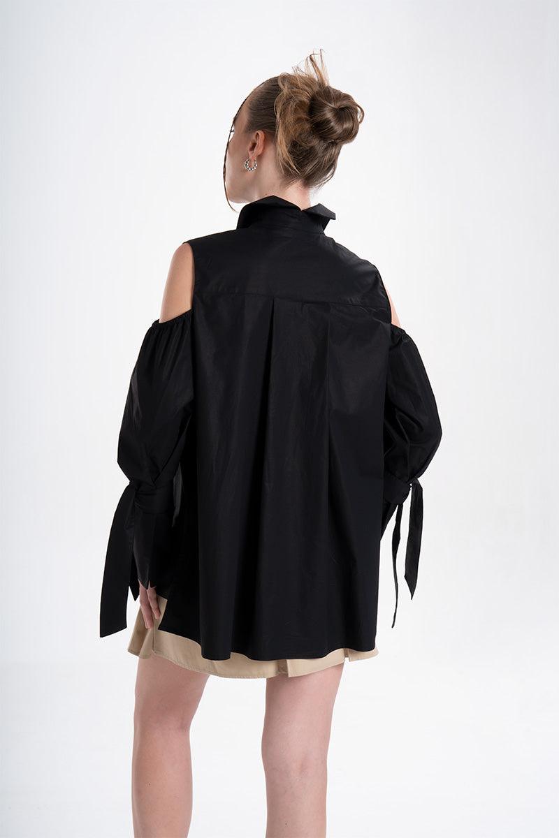 Quarta Open Shoulders Black Premium Poplin Shirt