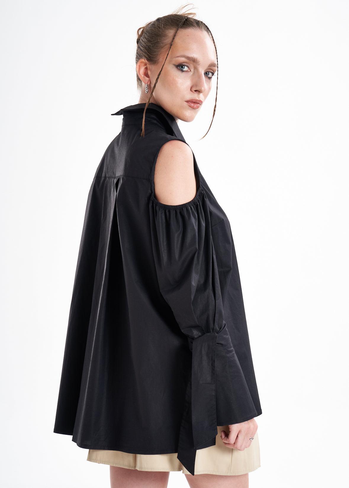 Quarta Open Shoulders Black Premium Poplin Shirt