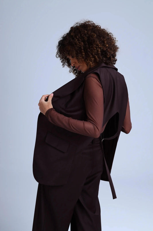 Broadway Monica Longline Virgin Wool Waistcoat in Dark Coffee