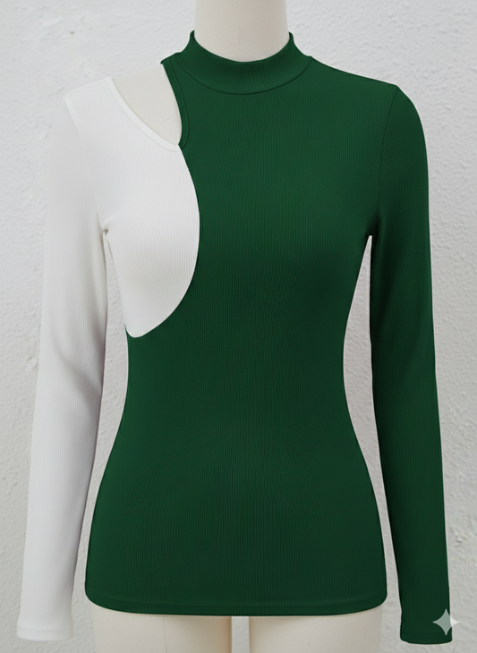 Cutout Contrast Mock Neck Long Sleeve T-Shirt