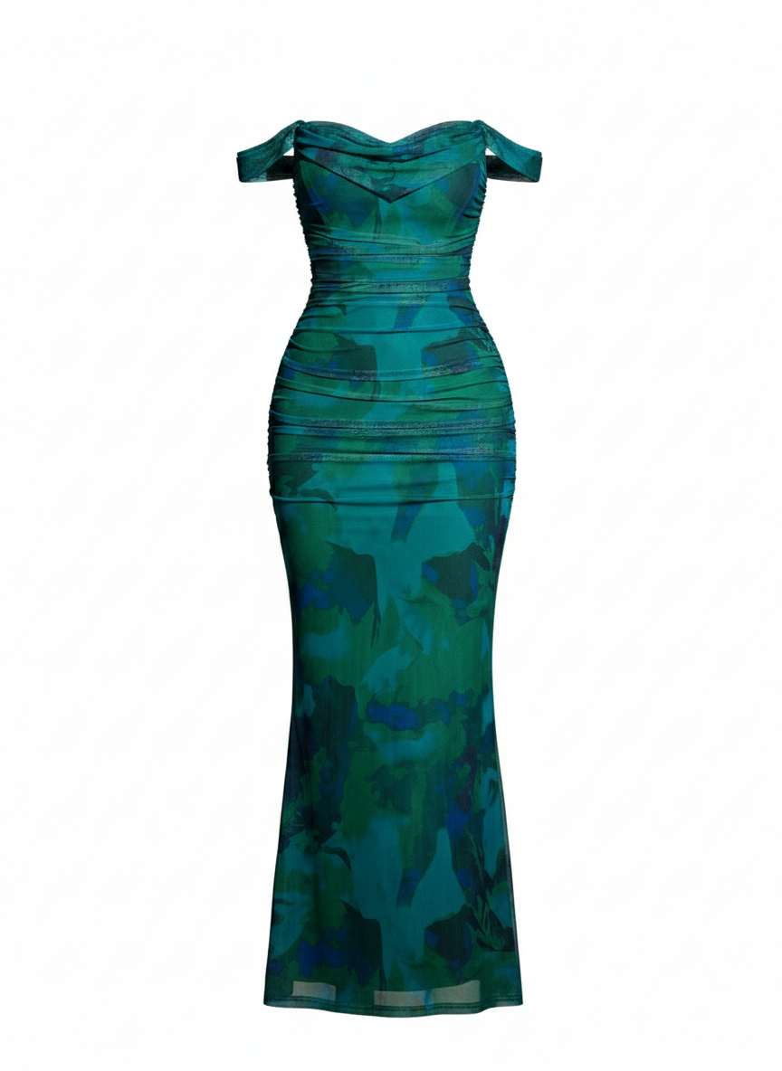 Off-Shoulder Ruched Floral Mermaid Dress