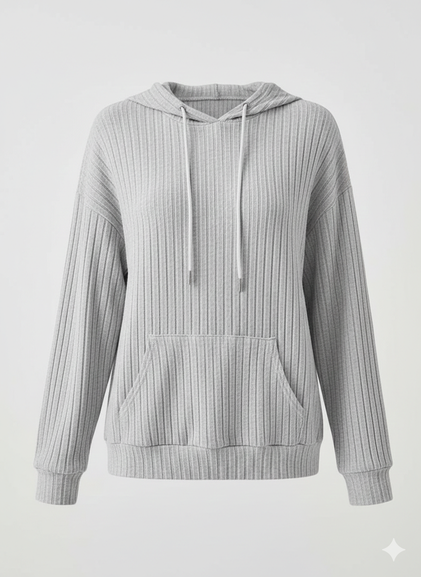 Ribbed Dropped Shoulder Drawstring Hoodie