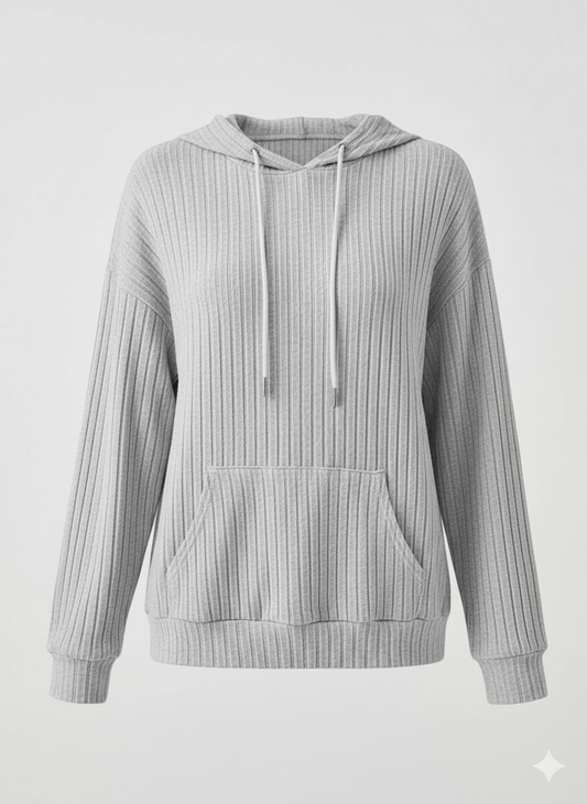 Ribbed Dropped Shoulder Drawstring Hoodie