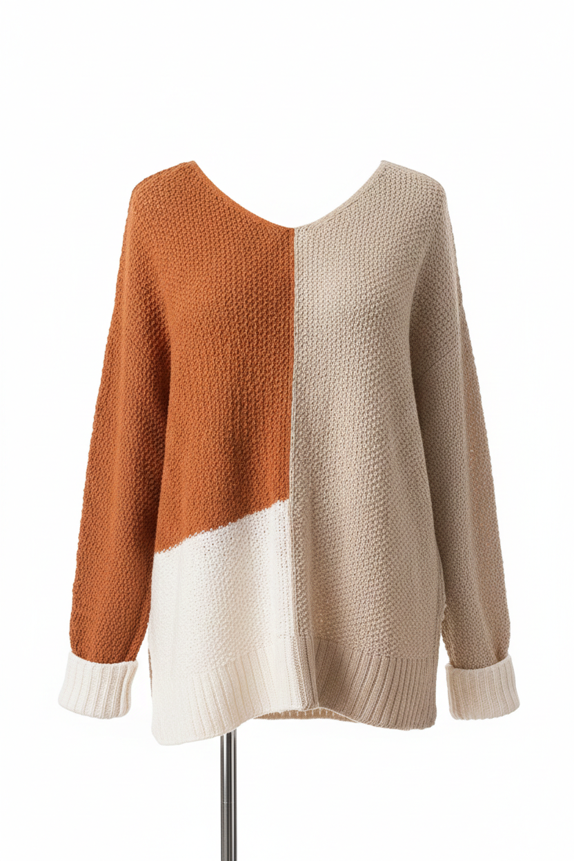 Color Block Knit V Neck Loose Sweater