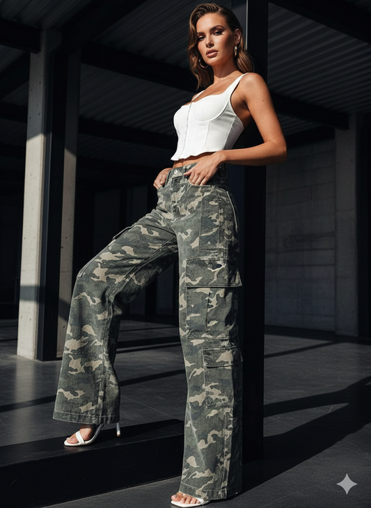 Camo Print Wide Leg Cargo Jeans