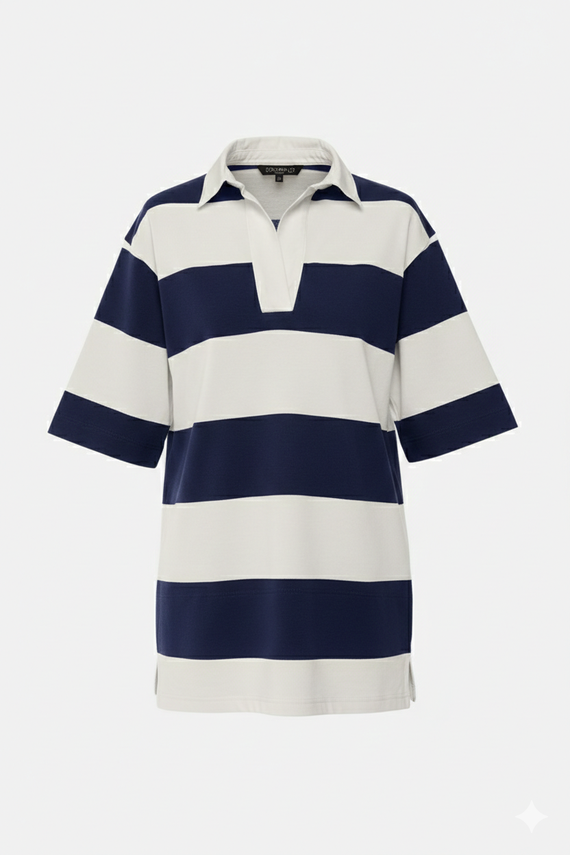 Oh Pima Cotton Wash Color Block Johnny Collar Half Sleeve Top