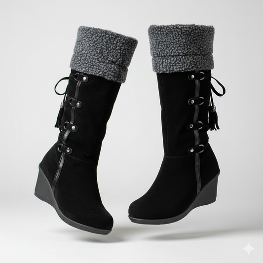 Suede Wedge Boots with Fur Cuff