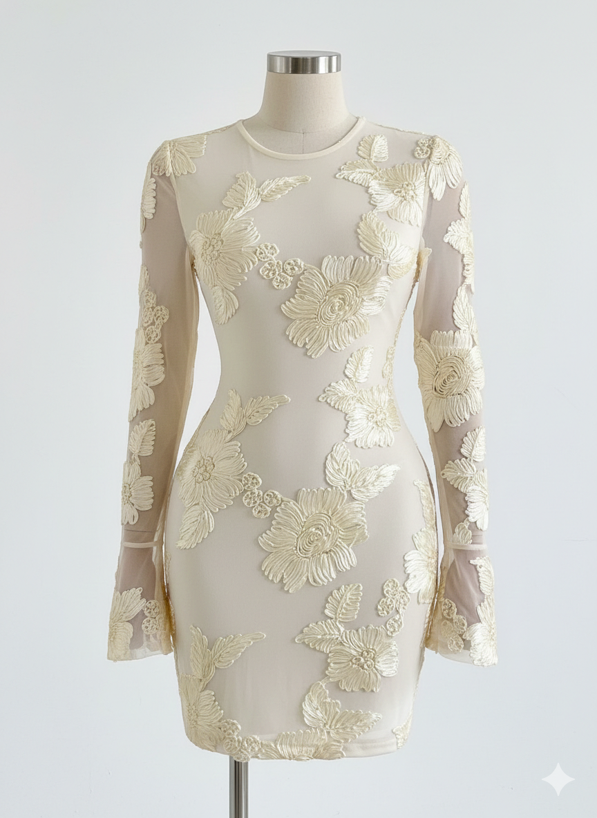 Flower Round Neck Long Sleeve Dress