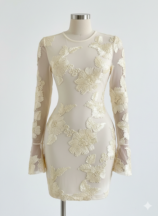 Flower Round Neck Long Sleeve Dress