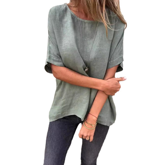 Spring And Summer New Round Neck Medium Long Sleeve Cotton Linen Loose T-shirt Top For Women