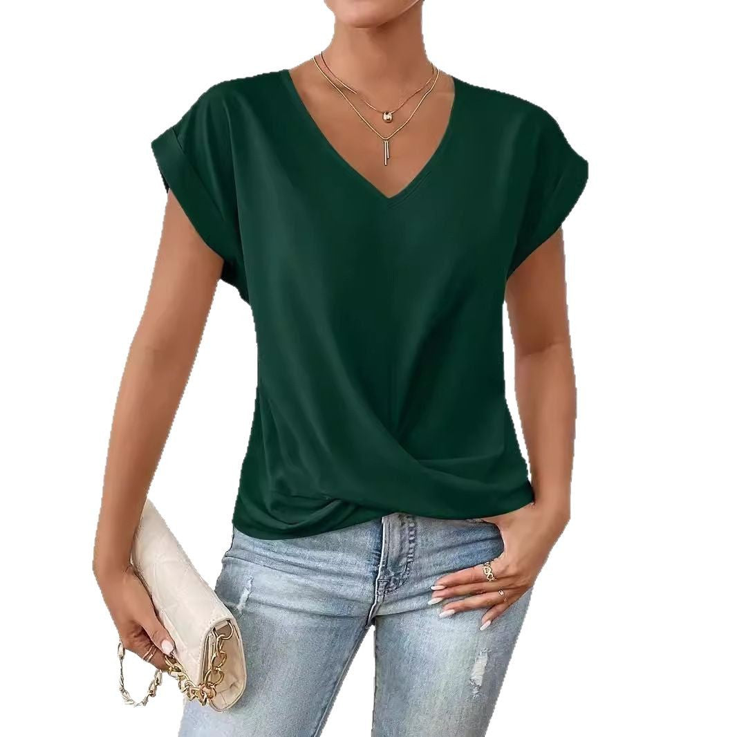 Solid Color V-neck T-shirt Elegant Short Sleeve Jacket Spring And Summer Women's Clothing Amazon Cross-border