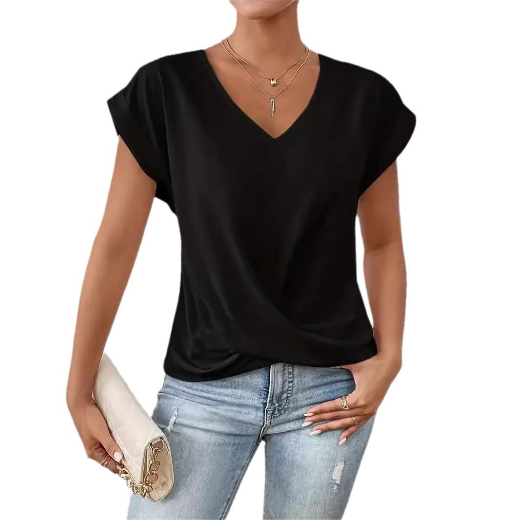 Solid Color V-neck T-shirt Elegant Short Sleeve Jacket Spring And Summer Women's Clothing Amazon Cross-border