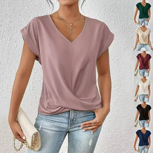 Solid Color V-neck T-shirt Elegant Short Sleeve Jacket Spring And Summer Women's Clothing Amazon Cross-border