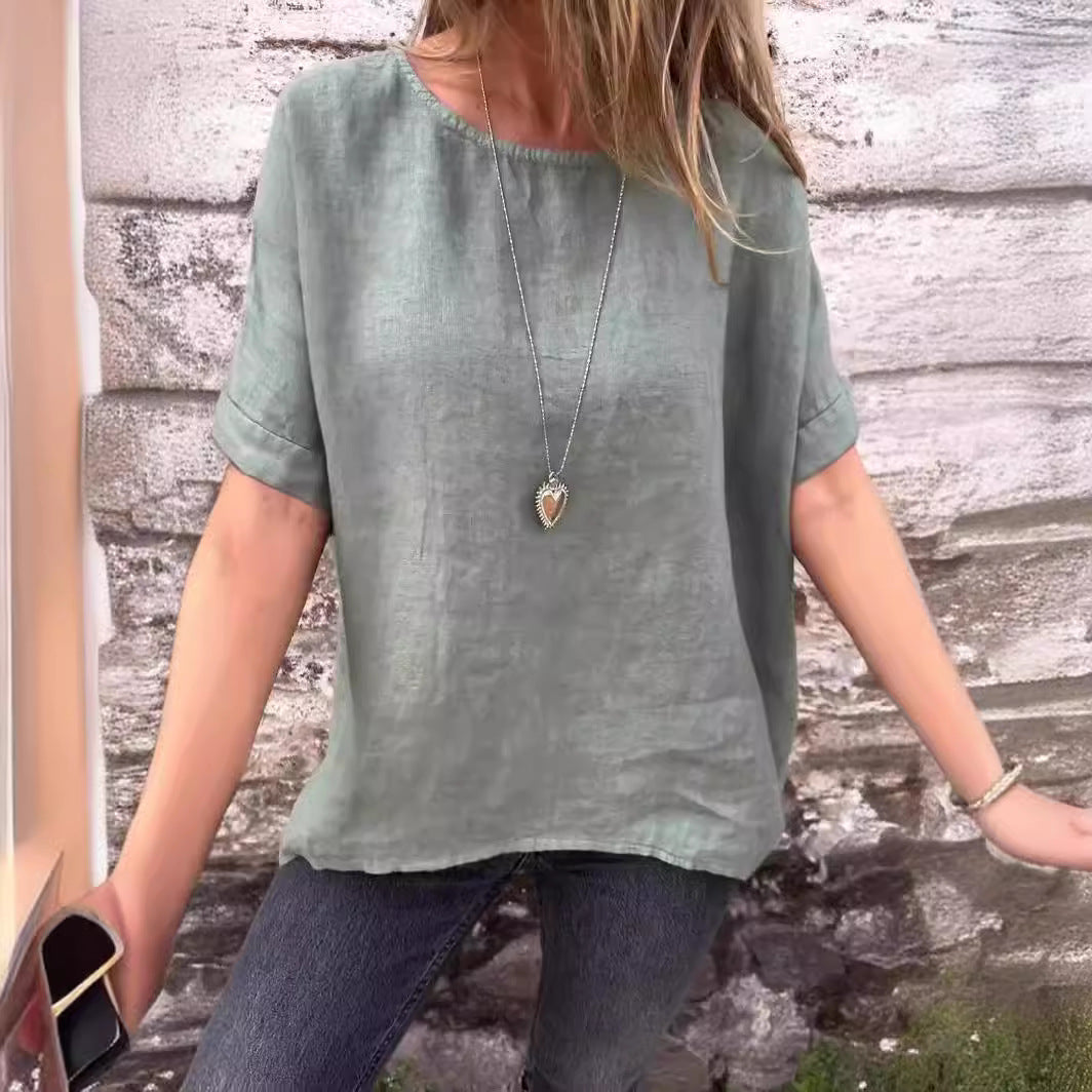 Spring And Summer New Round Neck Medium Long Sleeve Cotton Linen Loose T-shirt Top For Women