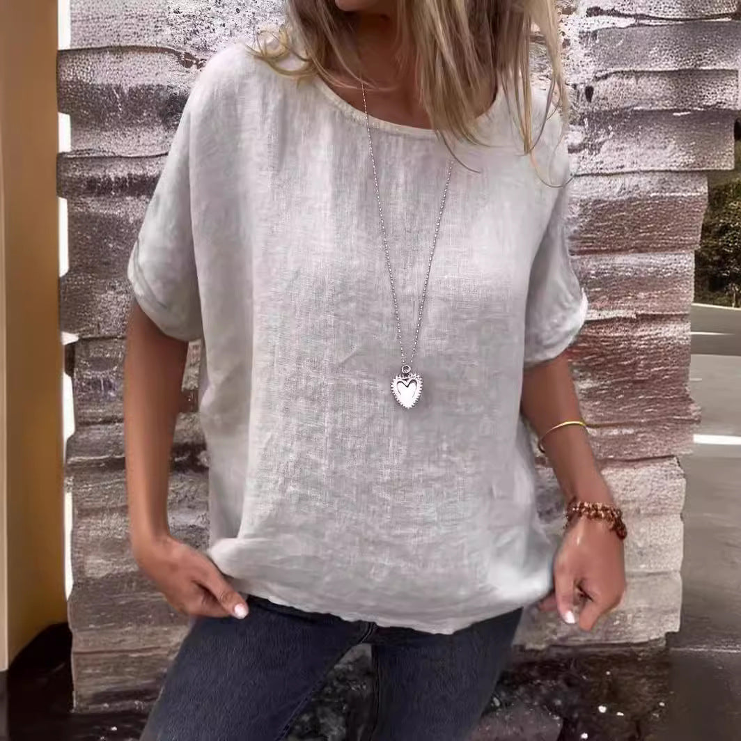 Spring And Summer New Round Neck Medium Long Sleeve Cotton Linen Loose T-shirt Top For Women